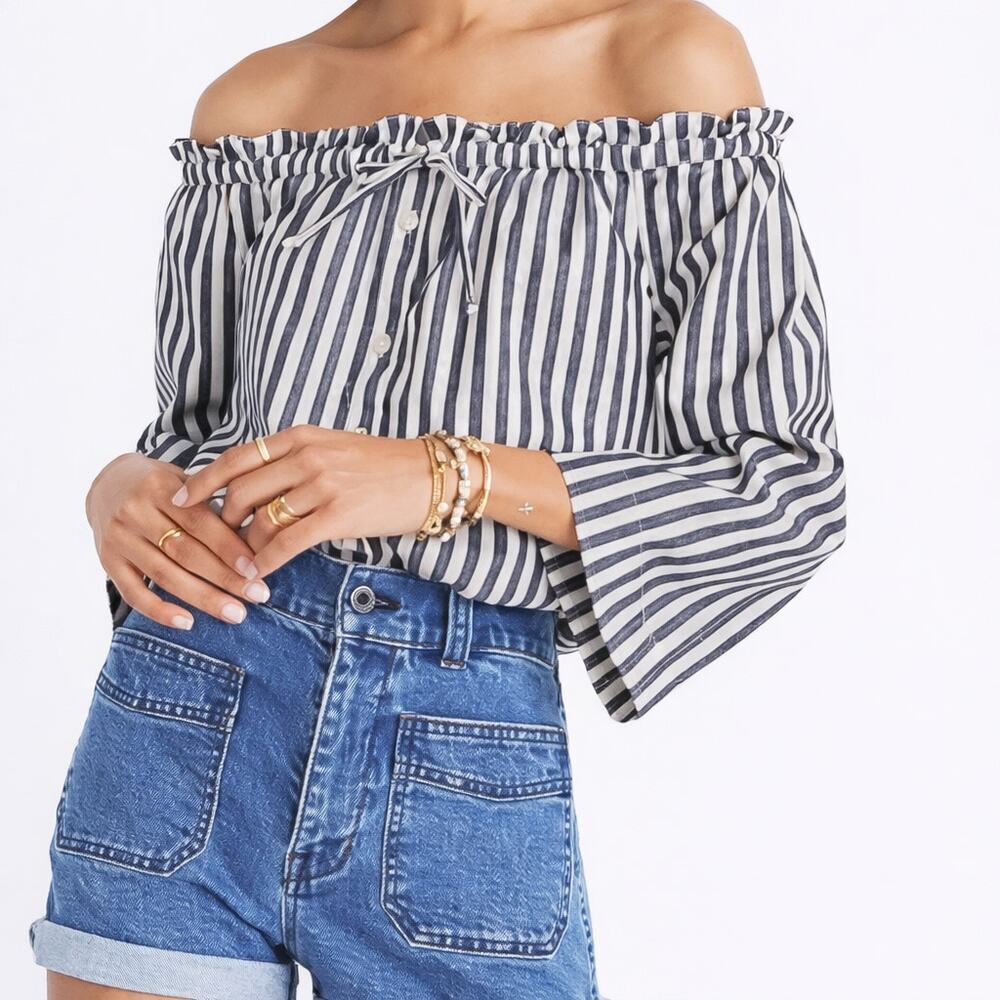 Madewell Amelia Stripe Off Shoulder Shimmer Top Blue White Size Small